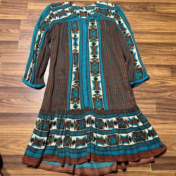 Free People Bow and Arrow Henley Mini Dress in Turquoise/Brown Print