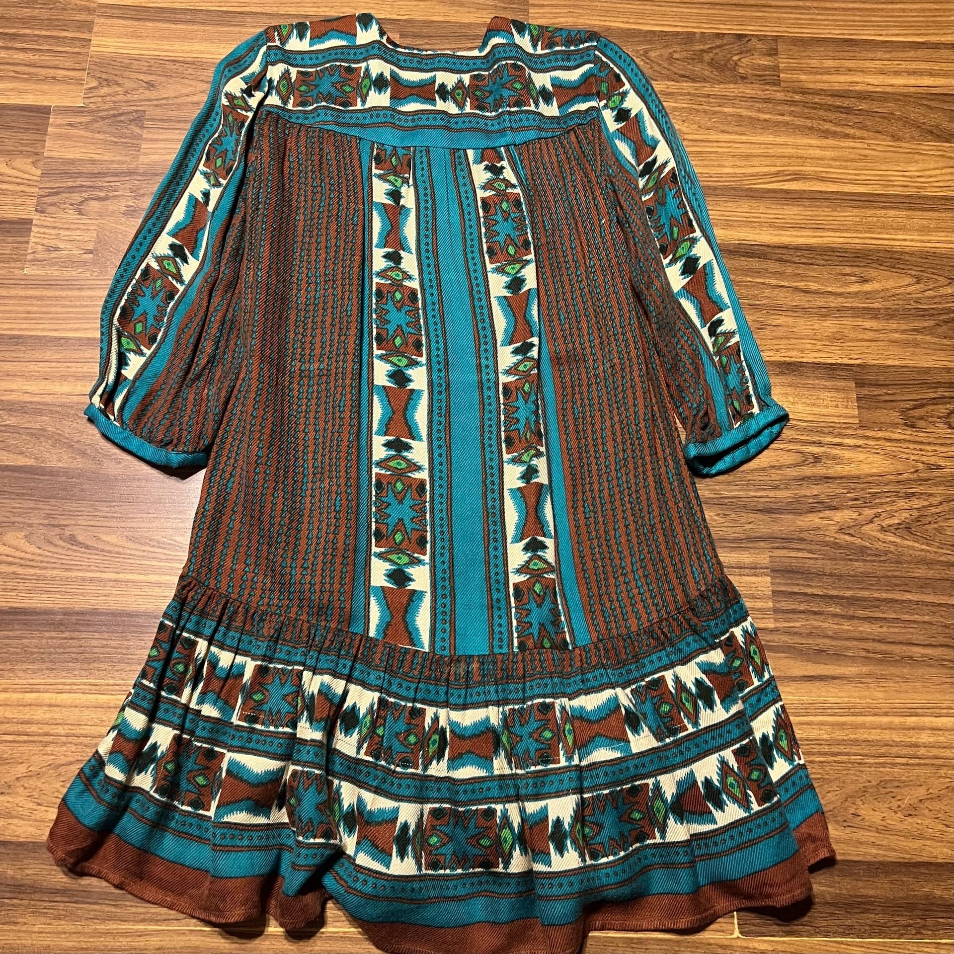 Free People Bow and Arrow Henley Mini Dress in Turquoise/Brown Print 4