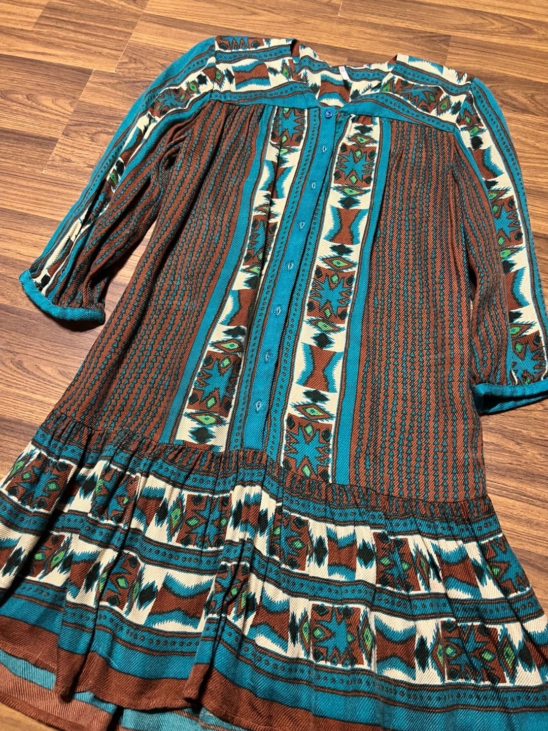 Free People Bow and Arrow Henley Mini Dress in Turquoise/Brown Print 6