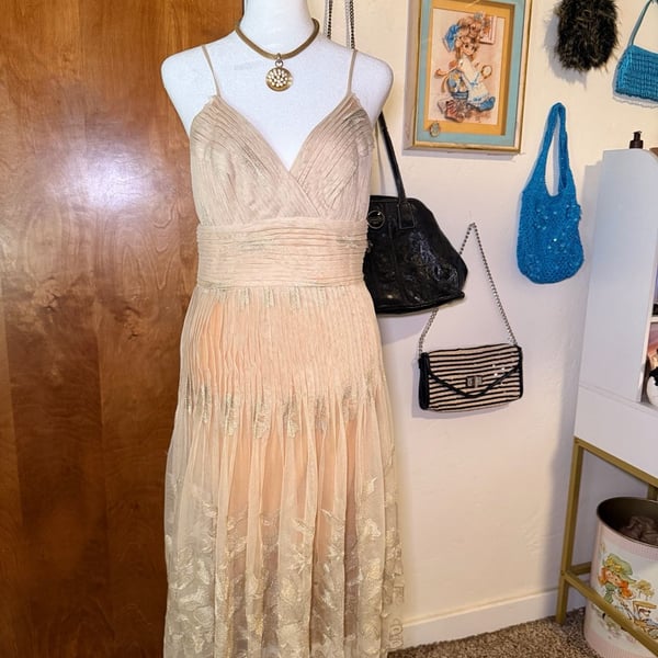 NWT Vintage Y2K ECI New York Gold Plisse Pleated Lace Midi Dress 6