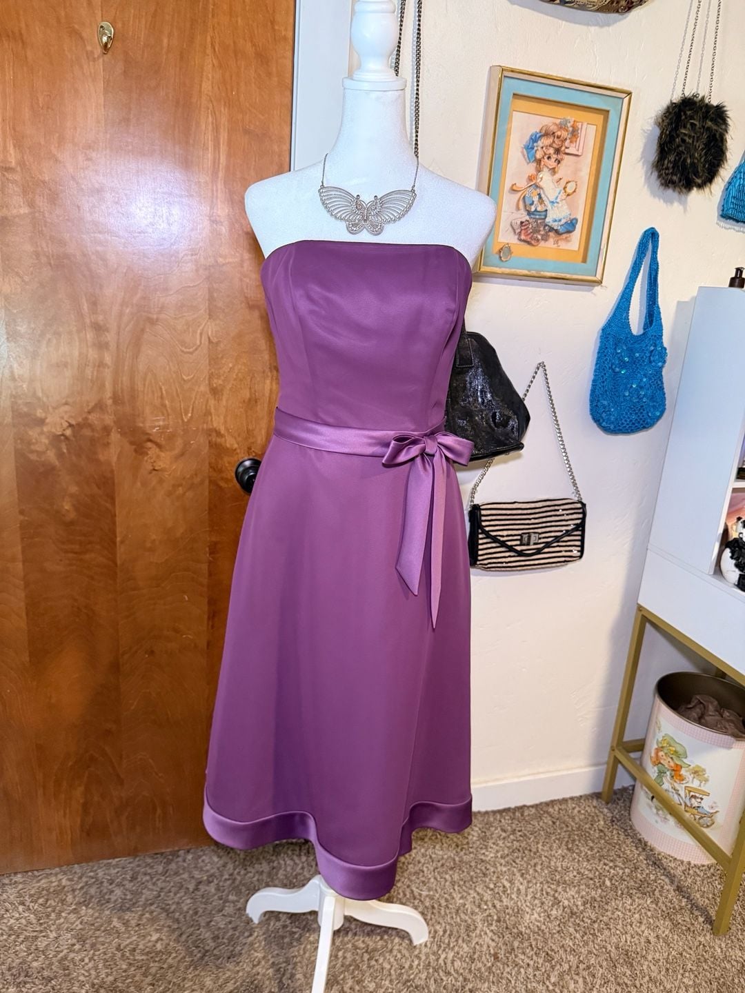 NWT Vintage Y2K Eden Maids Orchid Purple Satin Strapless Midi Dress 6 2