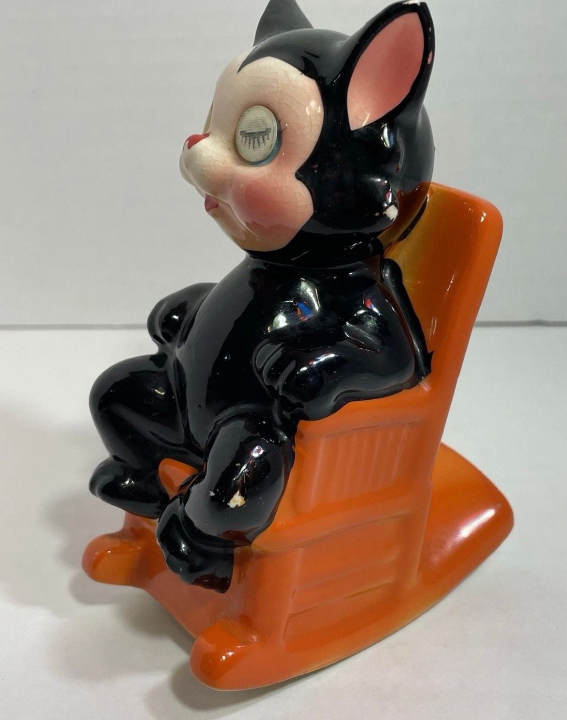 Vintage black cat in orange rocking chair ceramic coin bank Approx 1960s 7