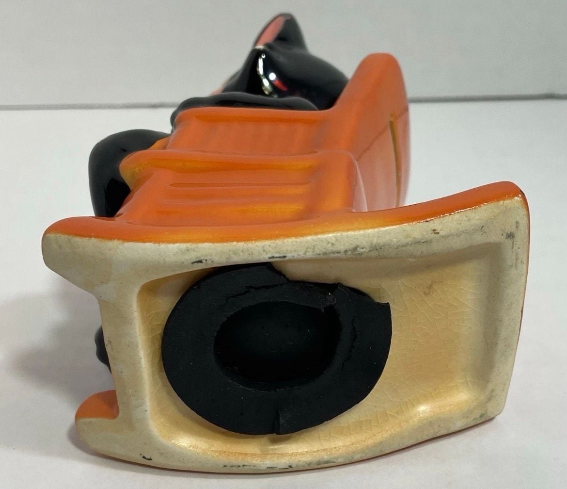Vintage black cat in orange rocking chair ceramic coin bank Approx 1960s 8