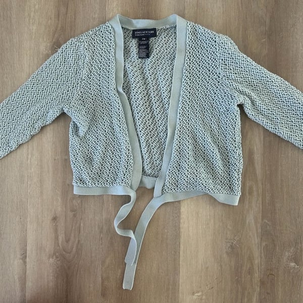 Jones New York Signature Petite Light Blue/TurquoiseMercerized Cotton Tie-Front Open Knit Cardigan