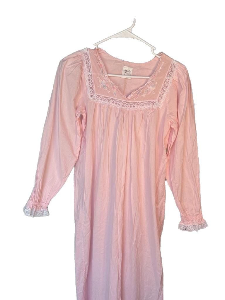 Carole Vintage Pink 100% Cotton Long Sleeve Embroidered Nightgown with Lace Trim 1