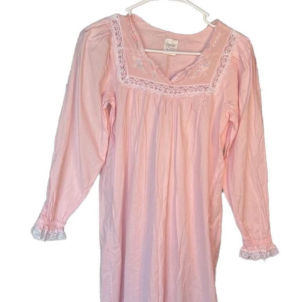 Carole Vintage Pink 100% Cotton Long Sleeve Embroidered Nightgown with Lace Trim