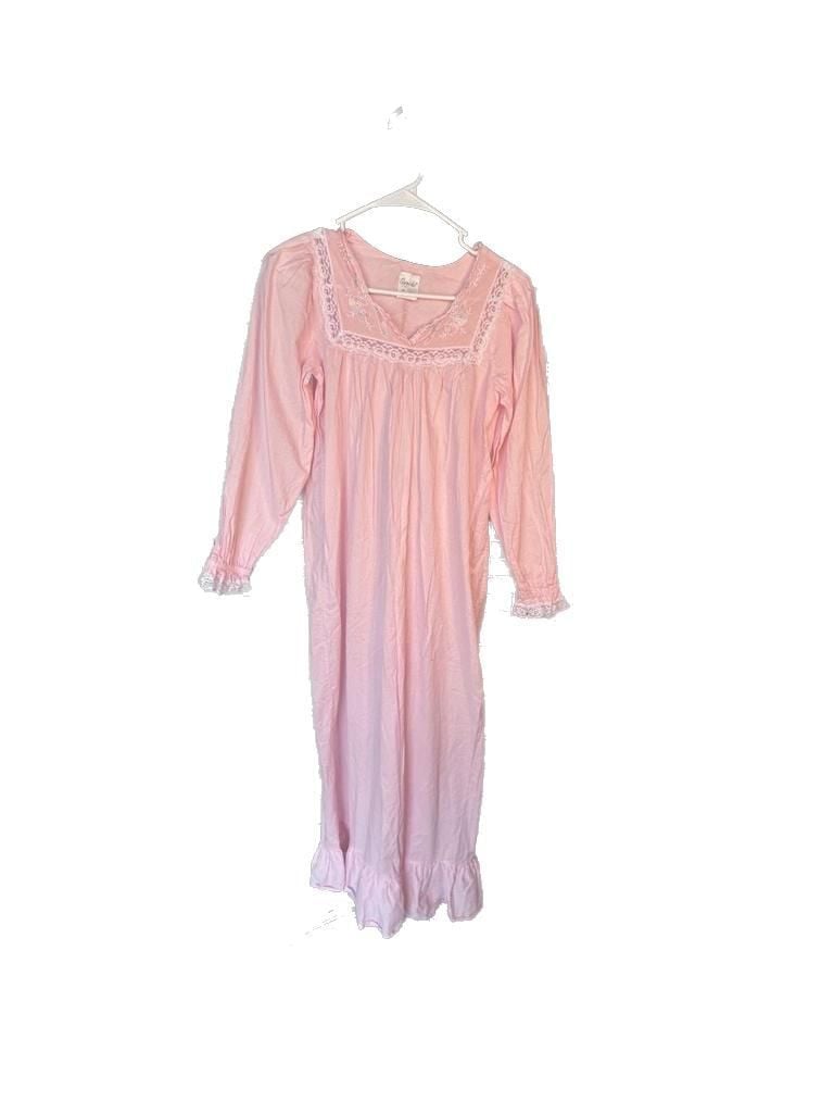 Carole Vintage Pink 100% Cotton Long Sleeve Embroidered Nightgown with Lace Trim 2