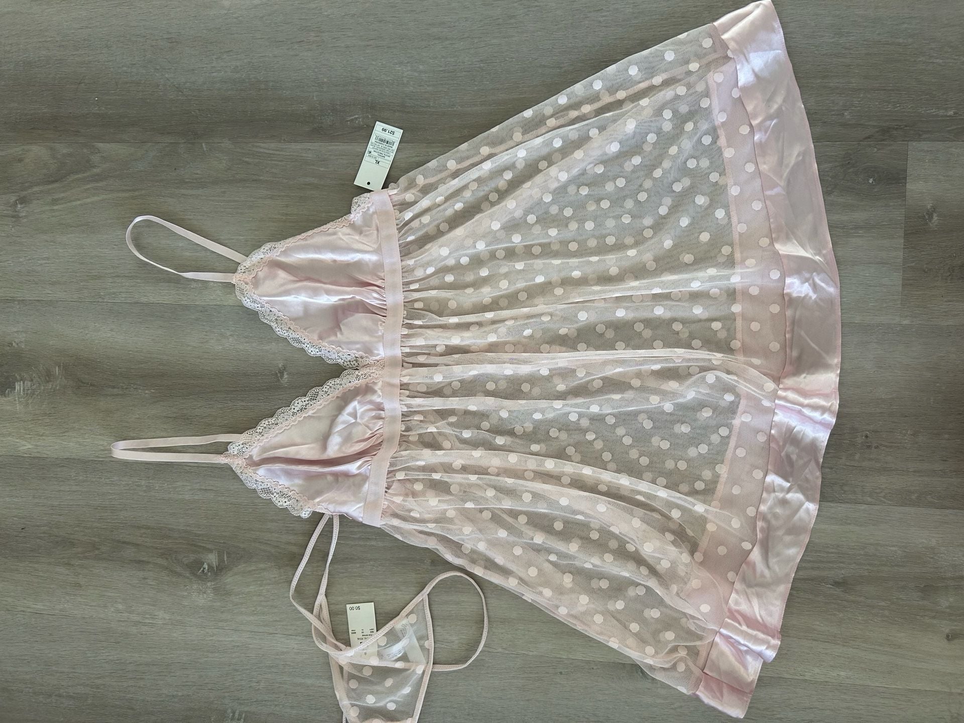Gilligan & O'Malley Intimates Pink Polka Dot Mesh Babydoll Lingerie Set 1