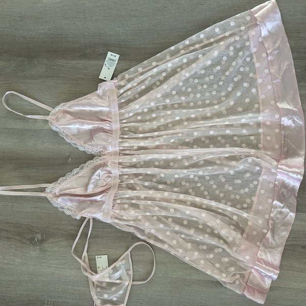 Gilligan & O'Malley Intimates Pink Polka Dot Mesh Babydoll Lingerie Set