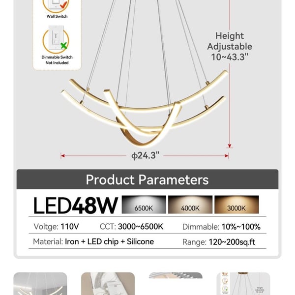 Modern Minimalist Gold Curved Arc LED Chandelier with Remote Control