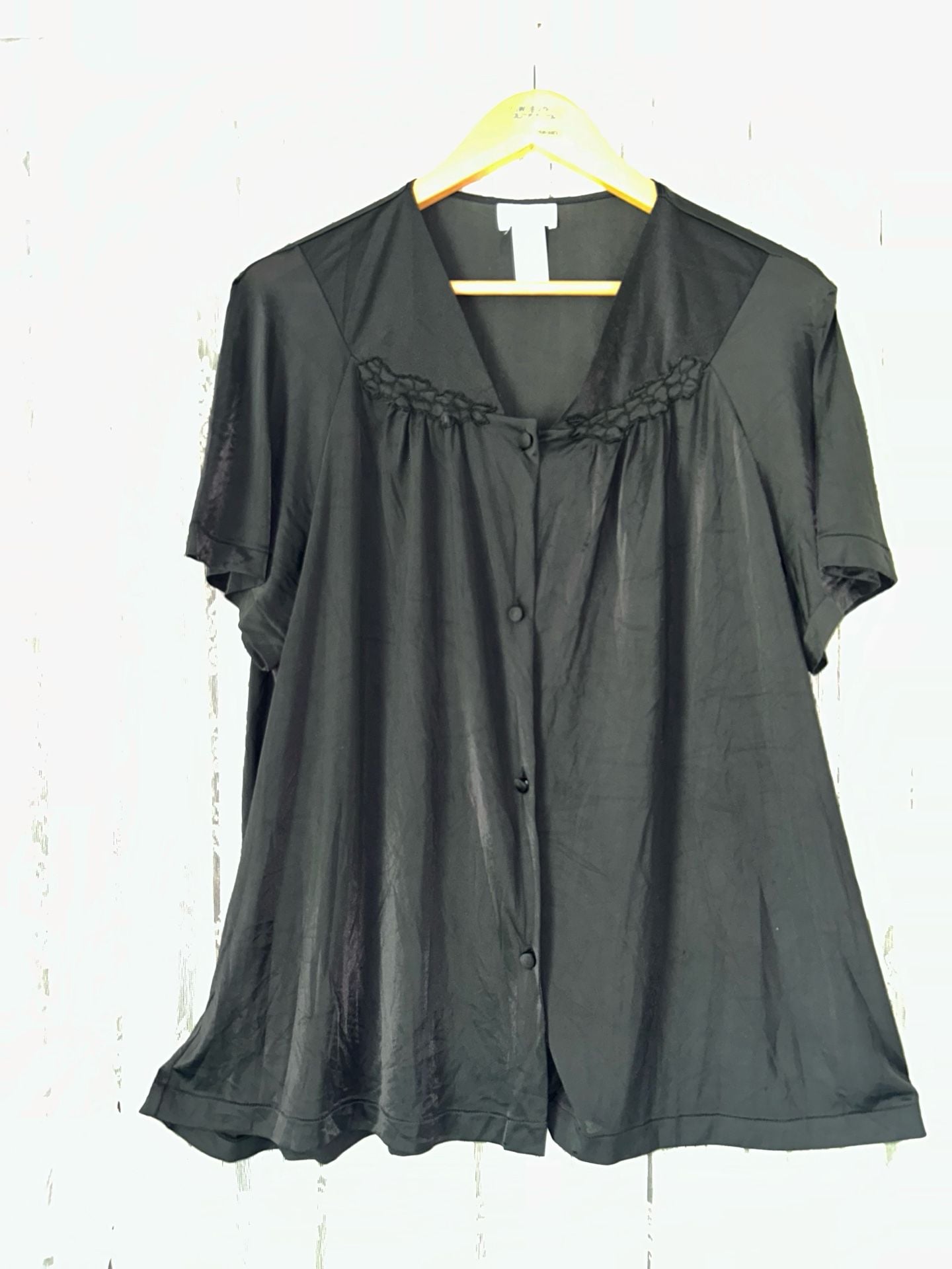Vintage Only Necessities Black Silky Short Sleeve Button-Down Sleep Shirt 1