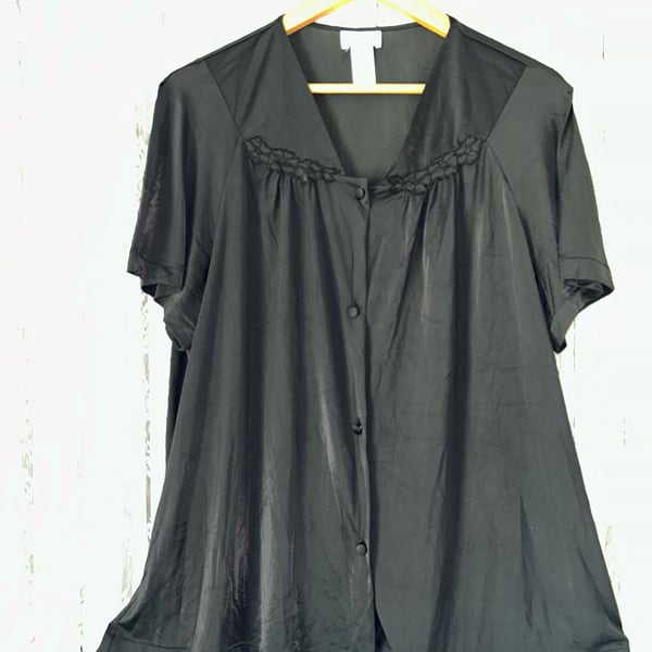 Vintage Only Necessities Black Silky Short Sleeve Button-Down Sleep Shirt 