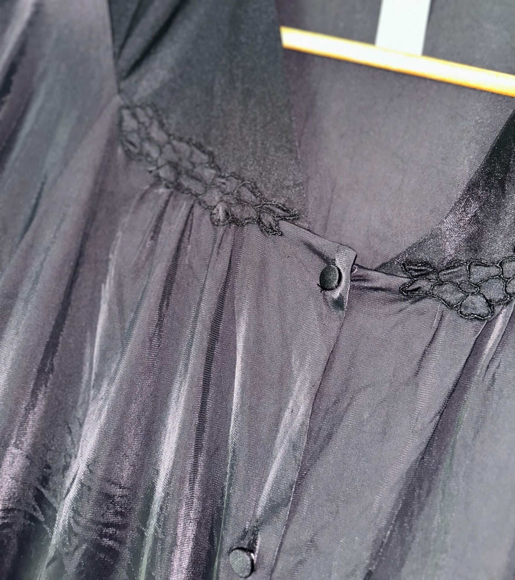 Vintage Only Necessities Black Silky Short Sleeve Button-Down Sleep Shirt 2