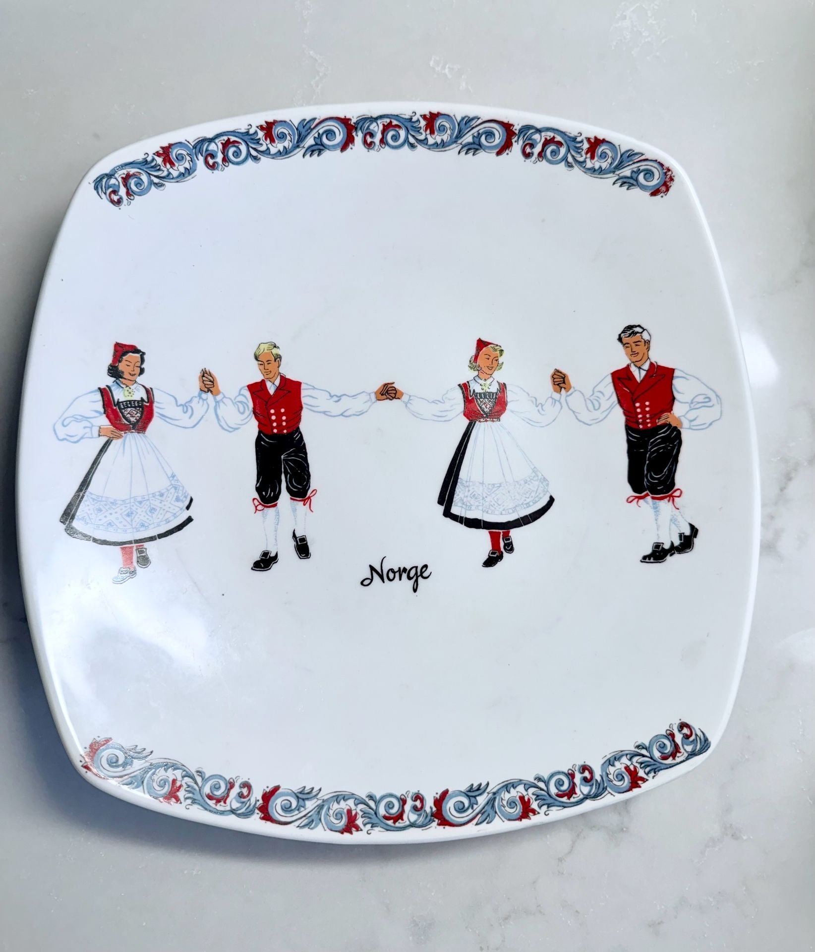 Vintage Figgjo Flint Norway Square Plate with Traditional Norwegian Folk Dancers 1