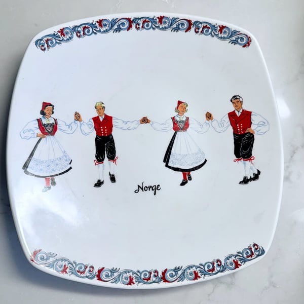 Vintage Figgjo Flint Norway Square Plate with Traditional Norwegian Folk Dancers