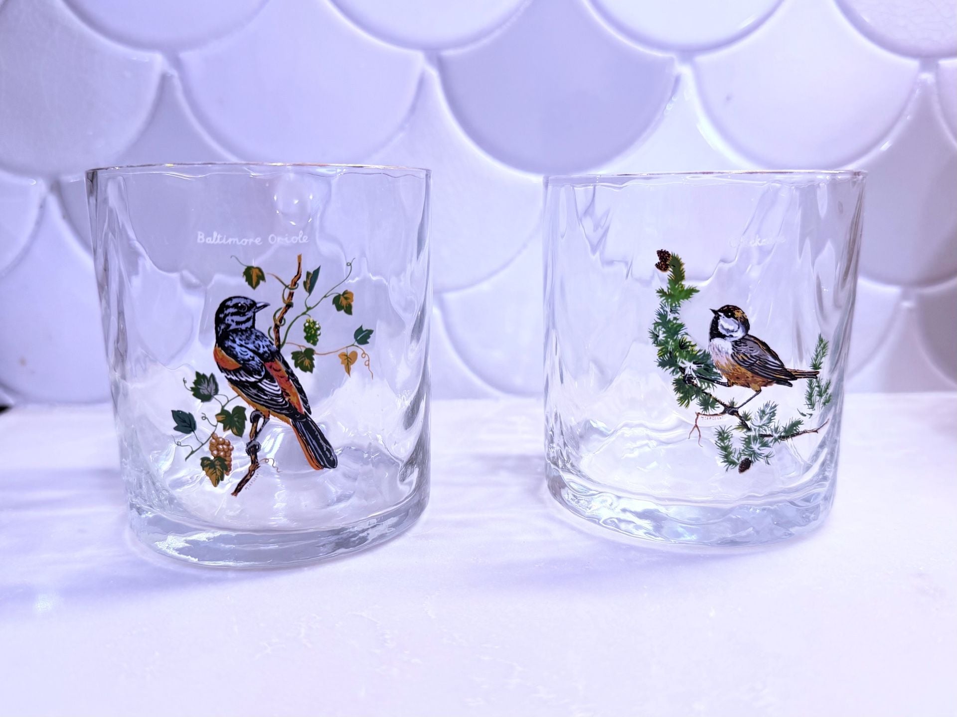 2 Different M. Sargeant Beautiful Bird Tom Collins Highball Glasses Gold Trim 1