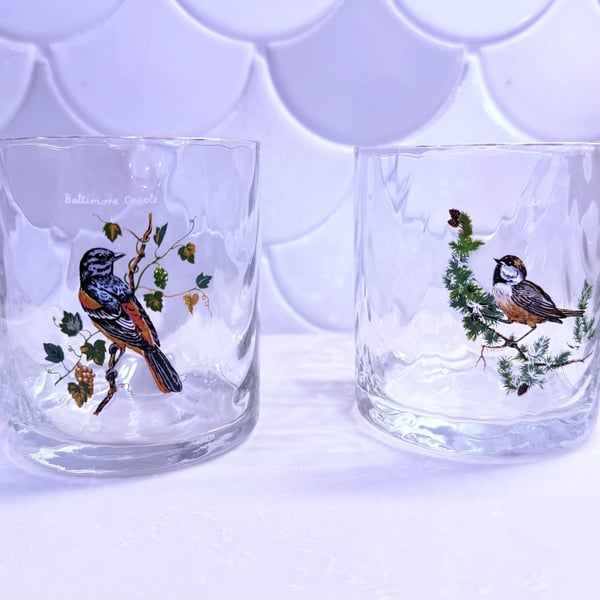 2 Different M. Sargeant Beautiful Bird Tom Collins Highball Glasses Gold Trim