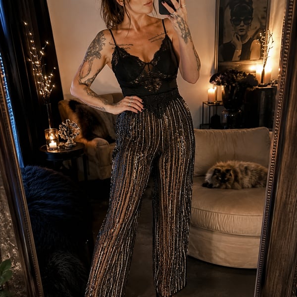 Cache Silk Vintage Women's Black Sequin Beaded Pants Sz.XS