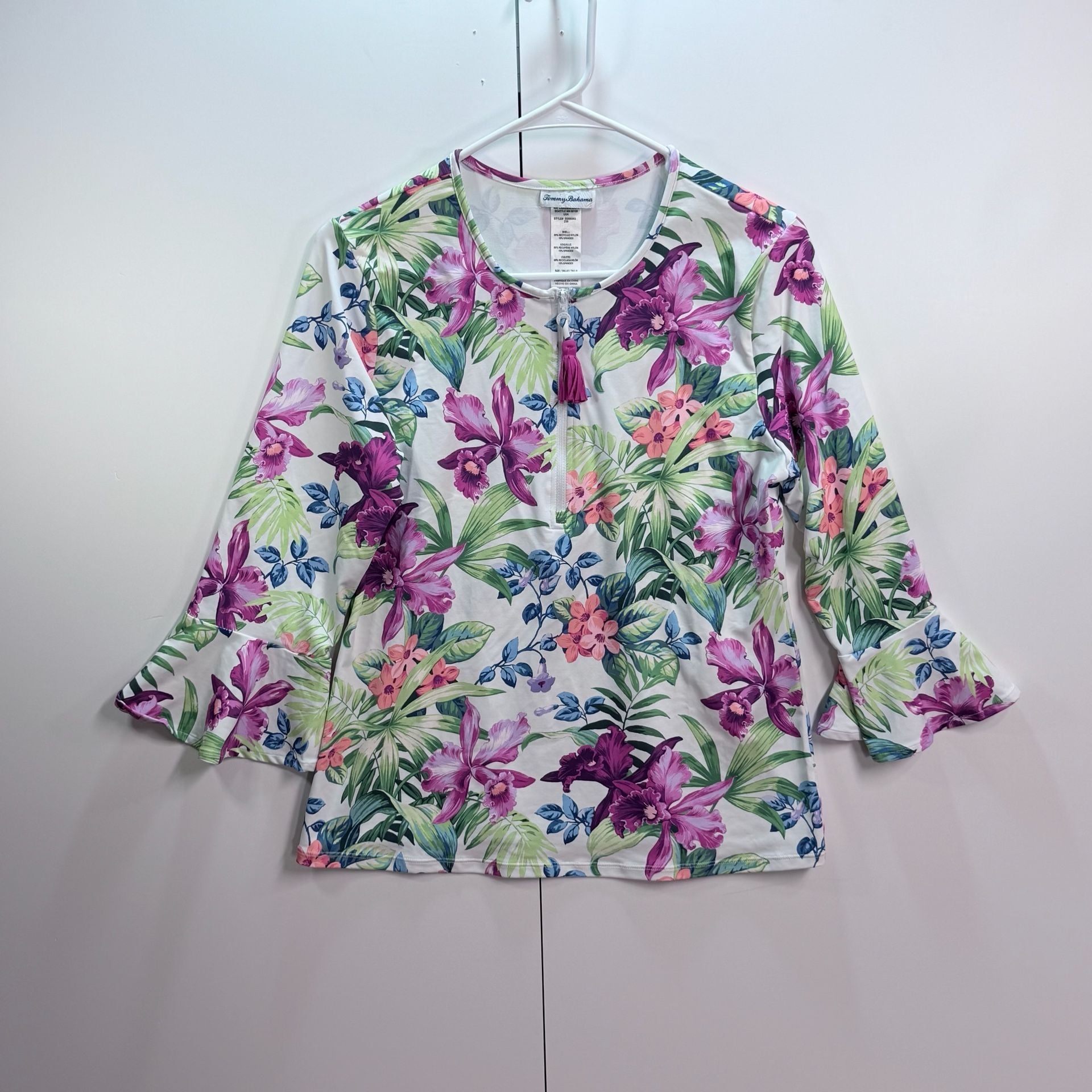 Tommy Bahama Floral 3/4 Bell Sleeve Half Zip Rash Guard Top 2