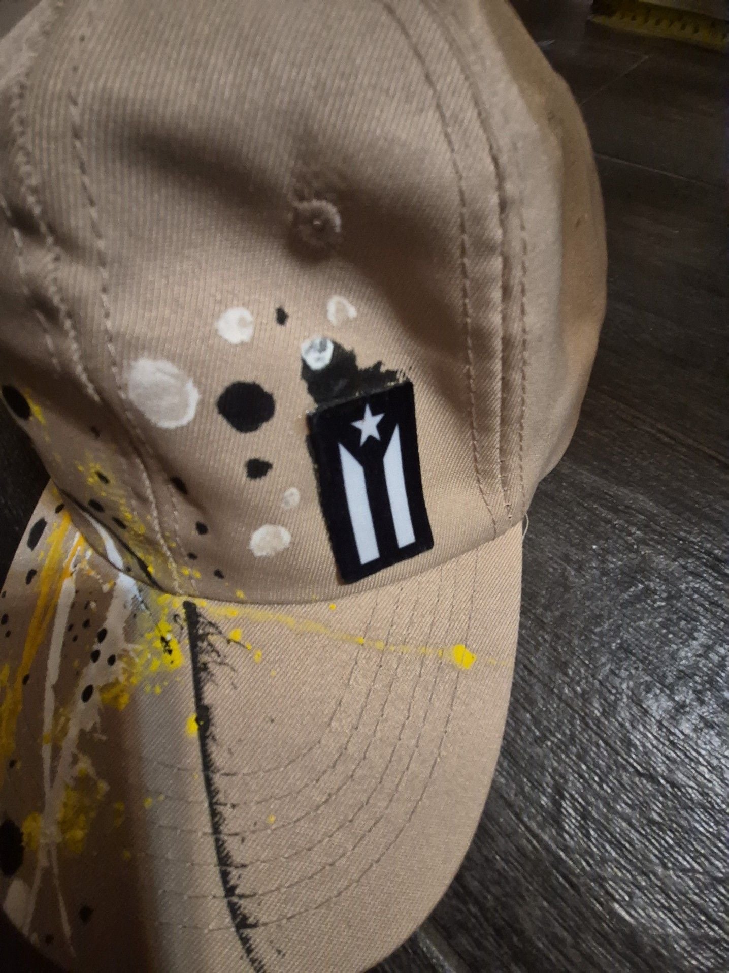 Custom Hand-Painted Khaki Baseball Cap with Puerto Rican Flag Detail 3