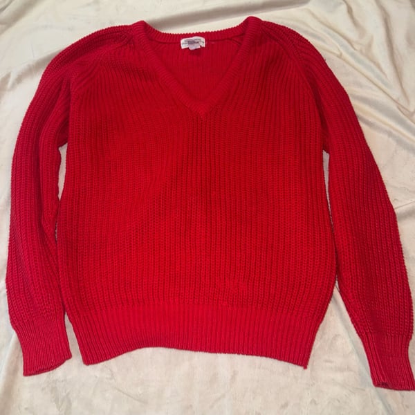 Goudchaux Maison Blanche Red V-Neck Ramie Cotton Blend Sweater