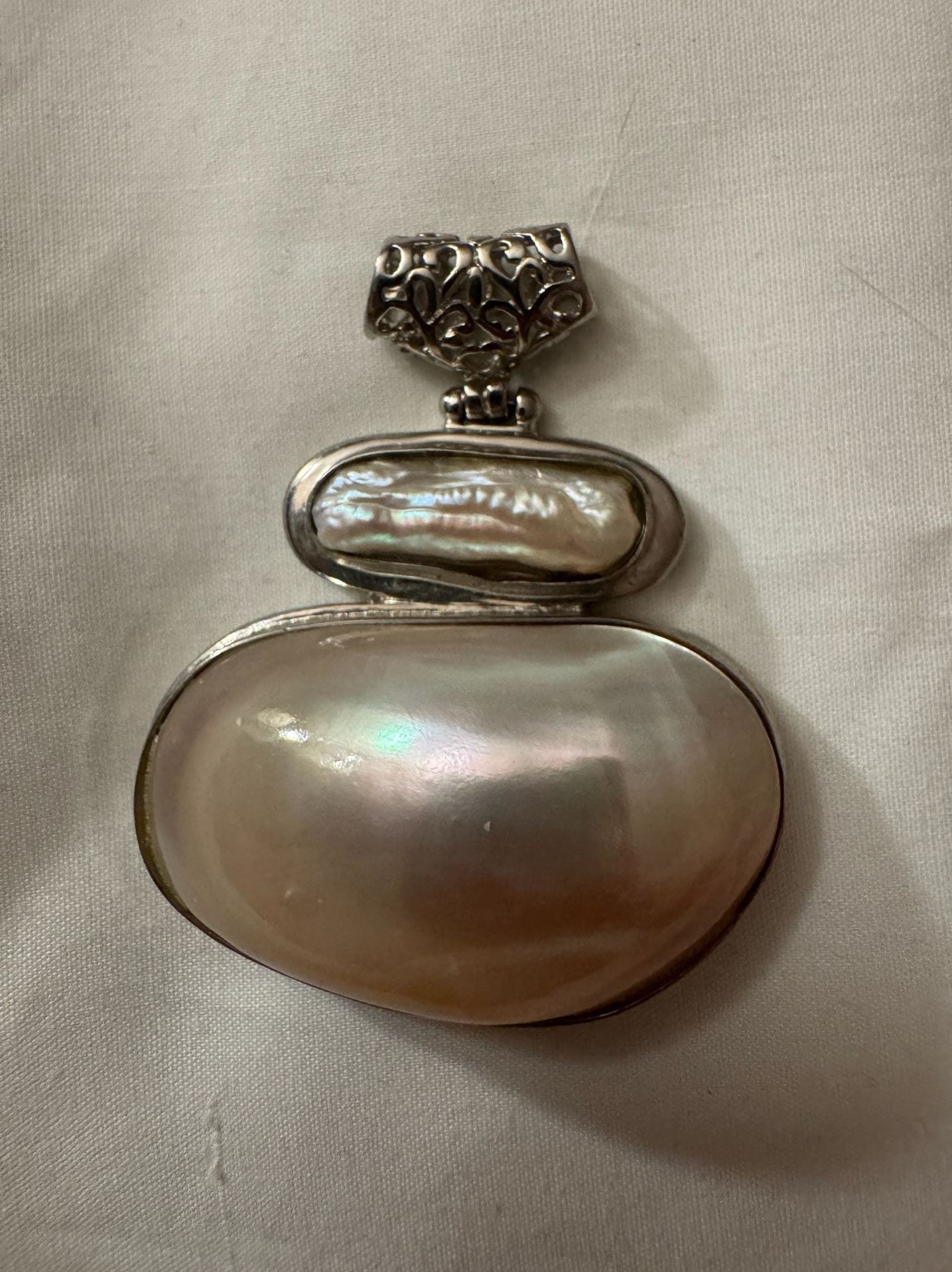 Mother-of-Pearl and Baroque Pearl Statement Pendant in Silver Tone 2