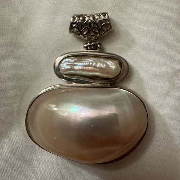 Mother-of-Pearl and Baroque Pearl Statement Pendant in Silver Tone
