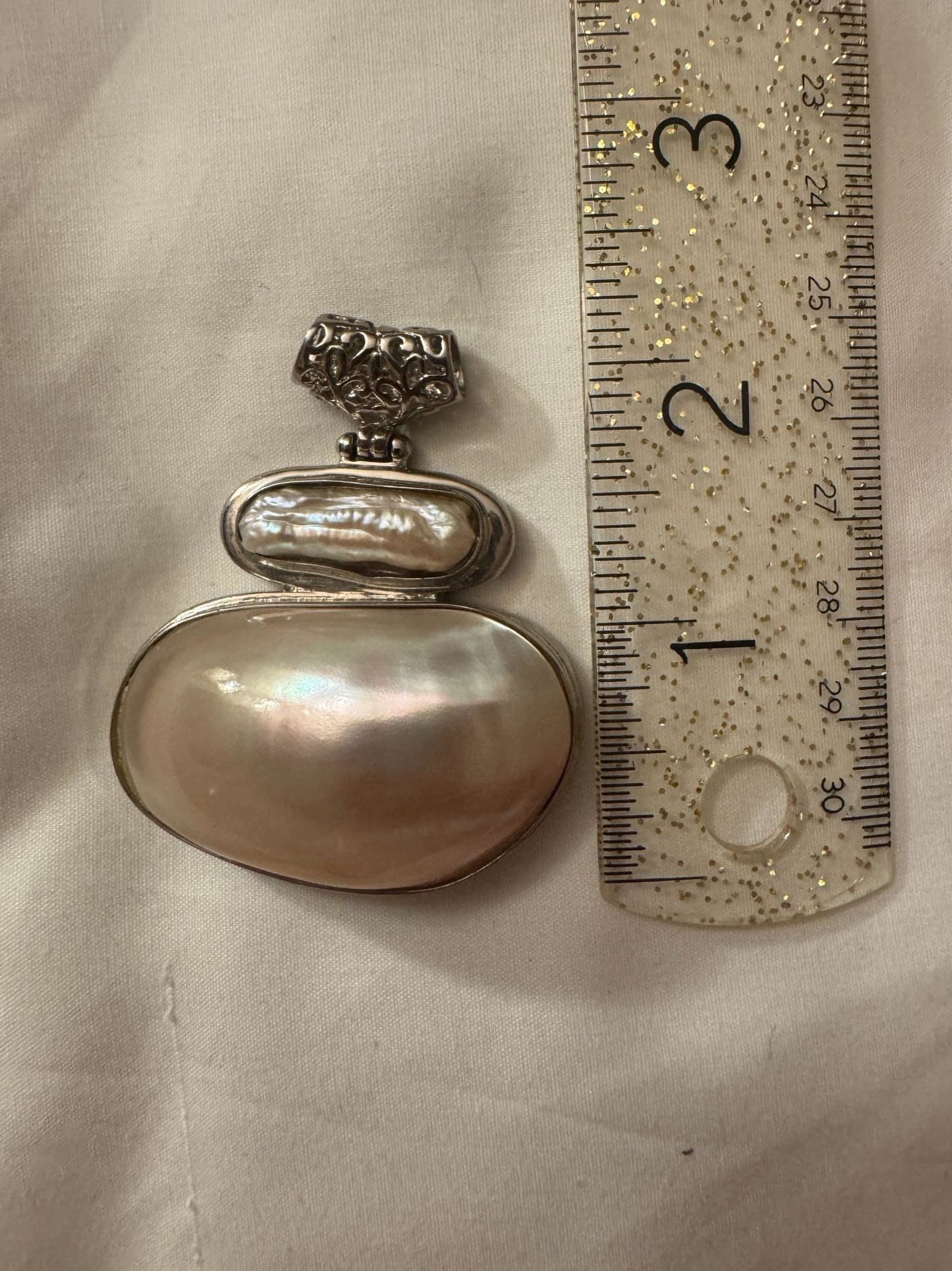 Mother-of-Pearl and Baroque Pearl Statement Pendant in Silver Tone 4