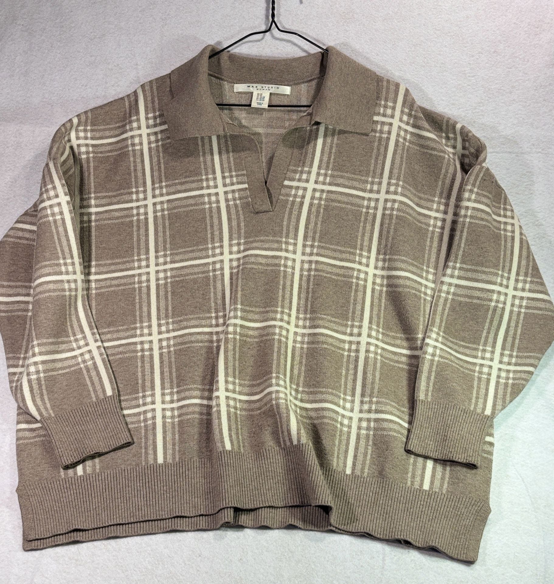 Max Studio Woman Plaid Long Sleeve Polo Sweater Brown/Cream Size 3X 2