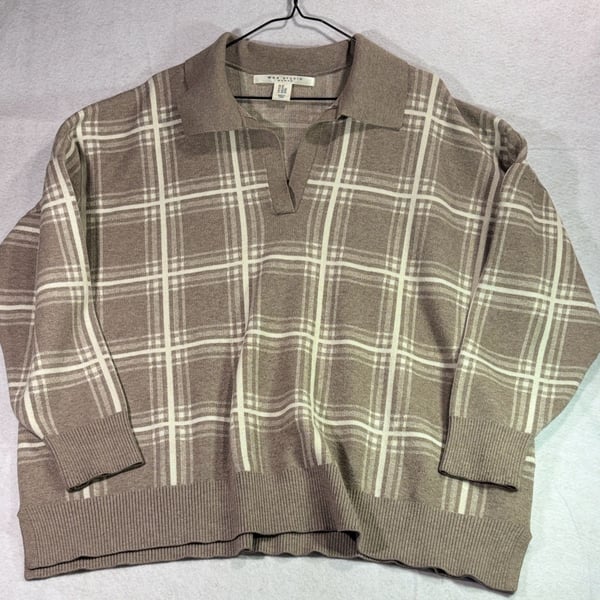 Max Studio Woman Plaid Long Sleeve Polo Sweater Brown/Cream Size 3X