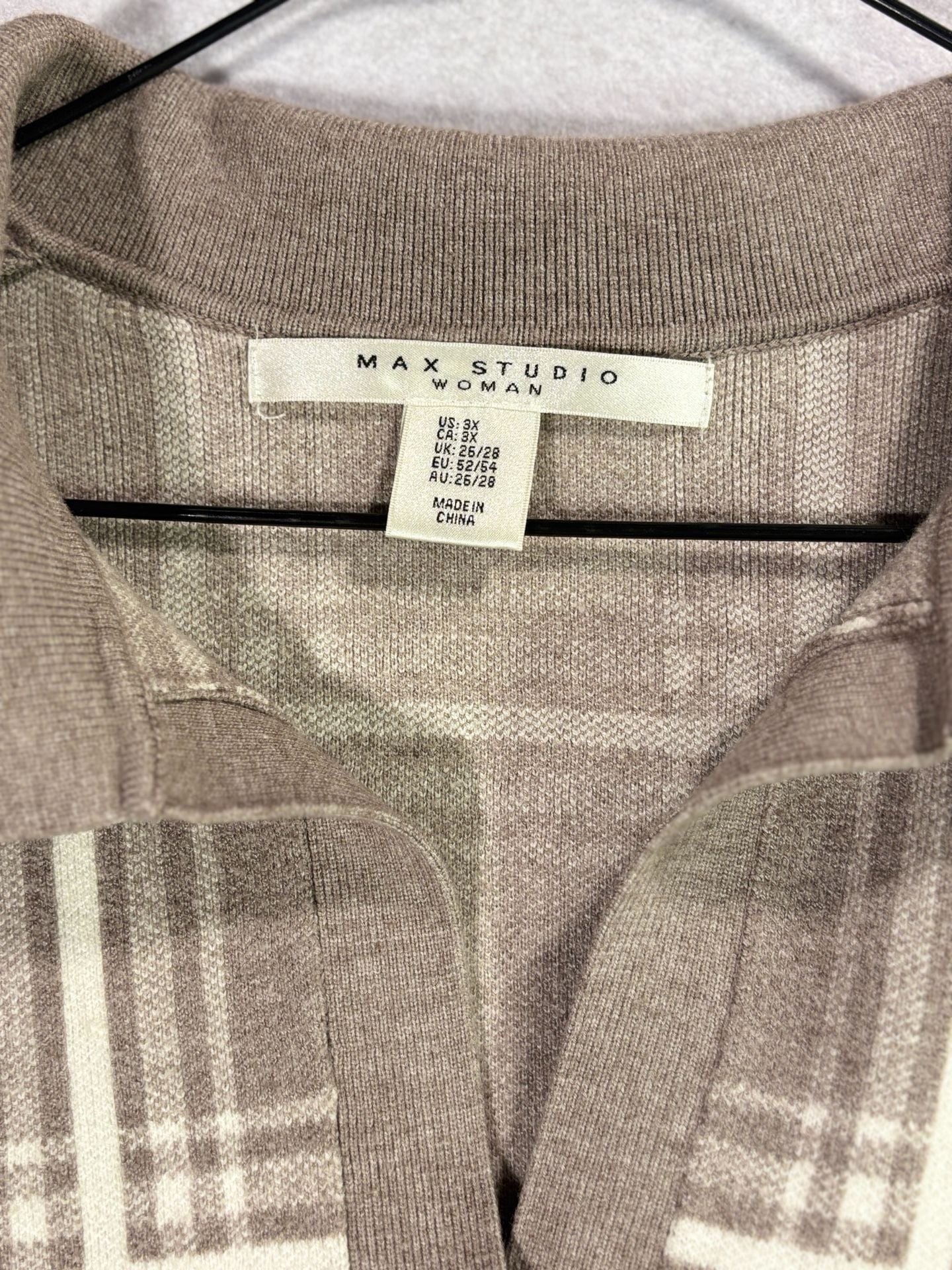 Max Studio Woman Plaid Long Sleeve Polo Sweater Brown/Cream Size 3X 3