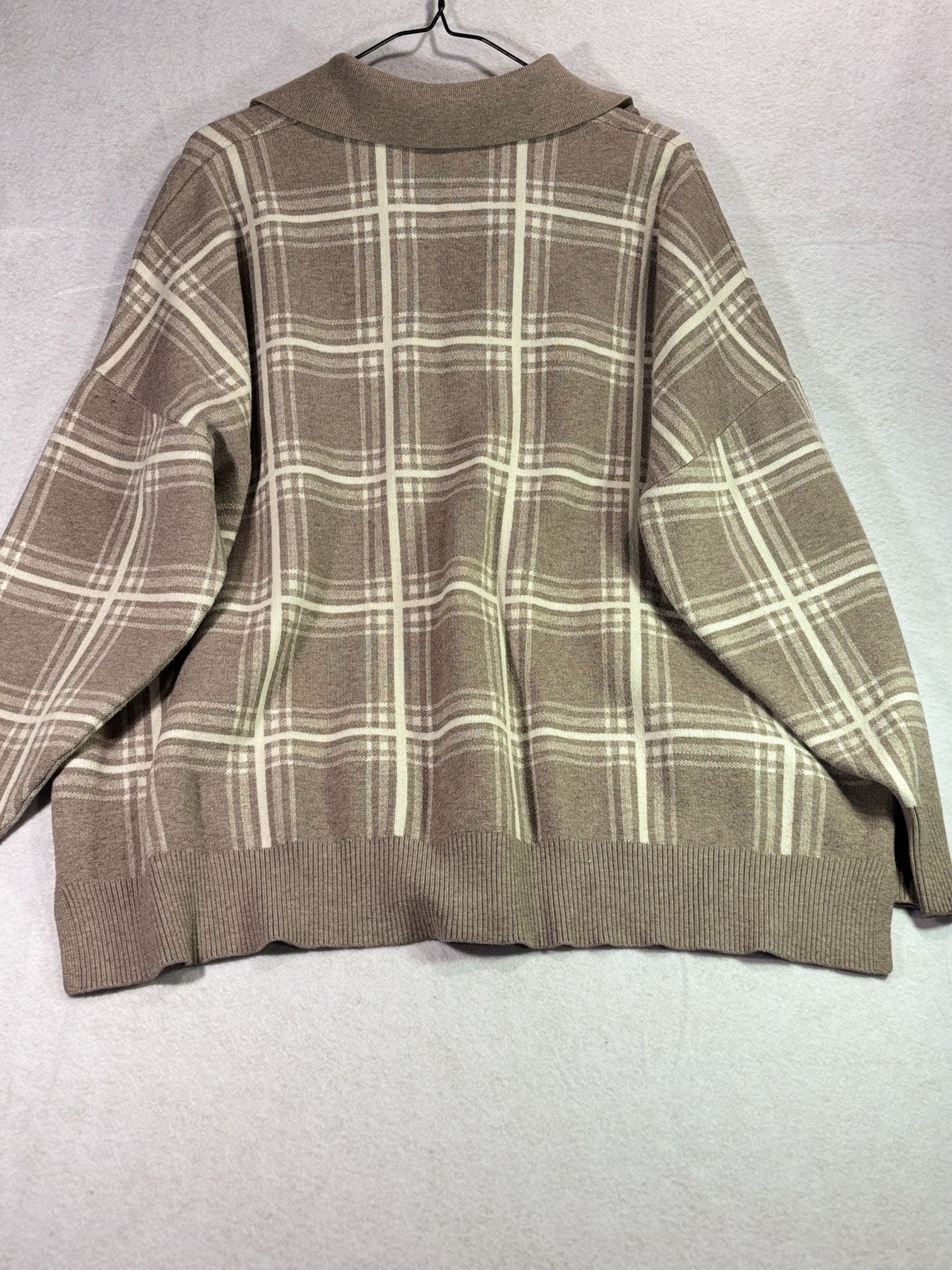 Max Studio Woman Plaid Long Sleeve Polo Sweater Brown/Cream Size 3X 6