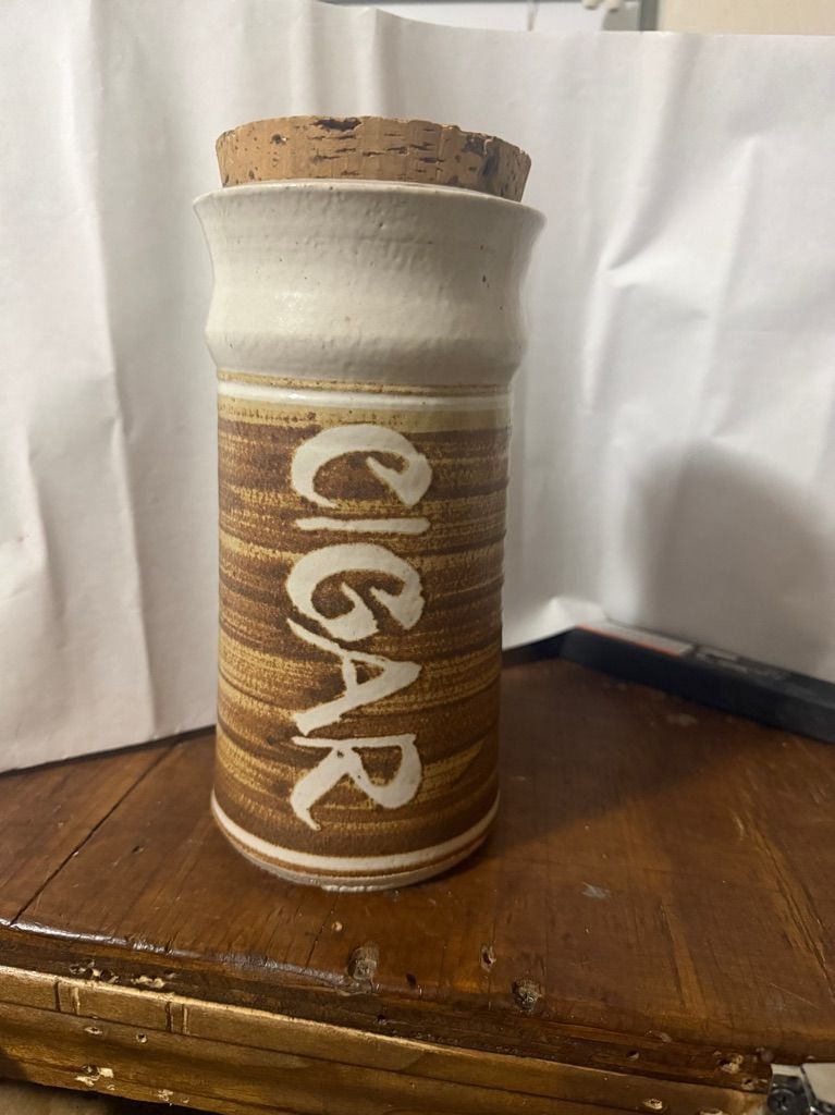 Vintage Studio Pottery Ceramic Cigar Jar with Cork Lid 1