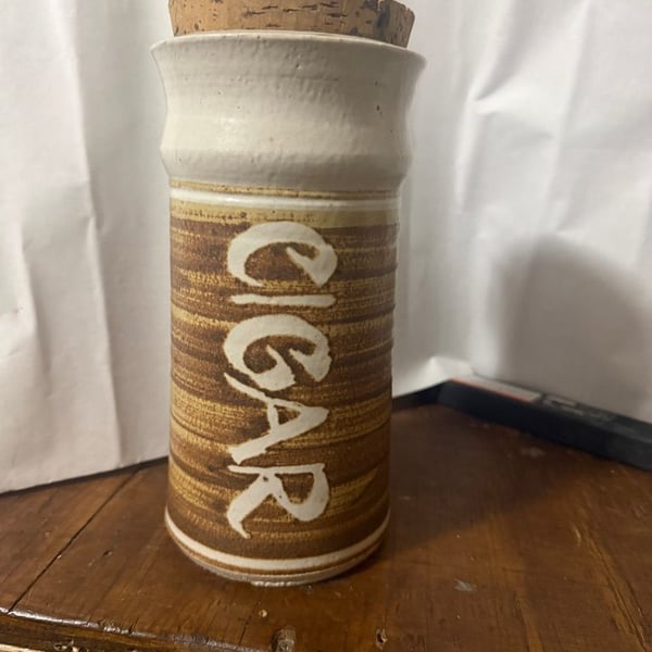 Vintage Studio Pottery Ceramic Cigar Jar with Cork Lid