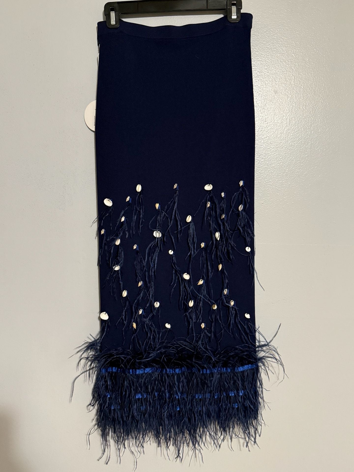 STAUD Makayla Shell and Ostrich Feather Embellished Ribbed-Knit Midi Skirt in Navy 2