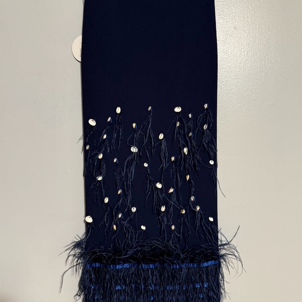 STAUD Makayla Shell and Ostrich Feather Embellished Ribbed-Knit Midi Skirt in Navy
