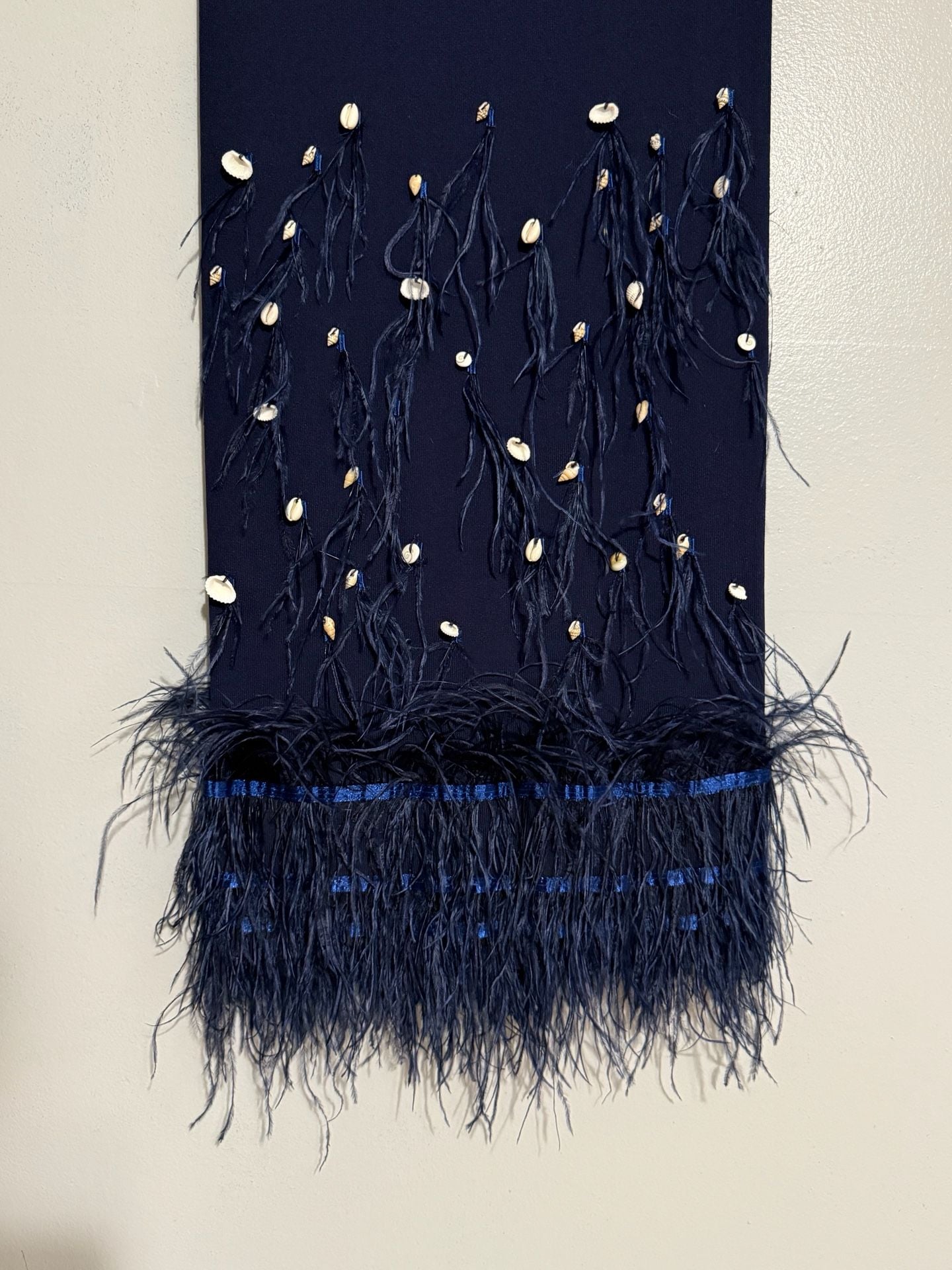 STAUD Makayla Shell and Ostrich Feather Embellished Ribbed-Knit Midi Skirt in Navy 3