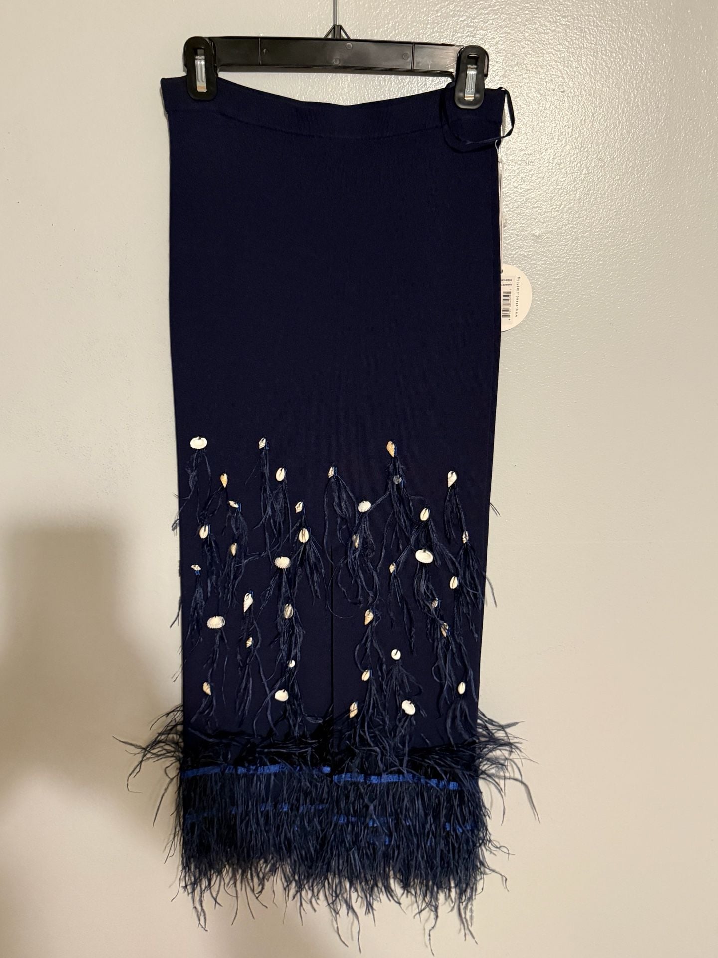 STAUD Makayla Shell and Ostrich Feather Embellished Ribbed-Knit Midi Skirt in Navy 6