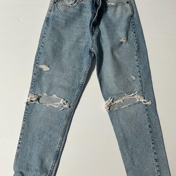 Zara Women's Light Wash High-Rise Distressed Straight Leg Jeans