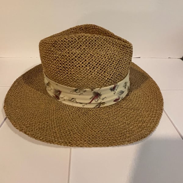 Summer Club Styled in Australia Natural Fibre Woven Straw Sun Hat with Fishing Lure Print Ribbon