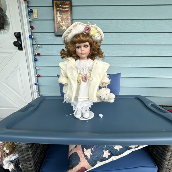 Vintage Porcelain Collector Doll with Curly Brown Hair in White Wool Coat and Matching Hat