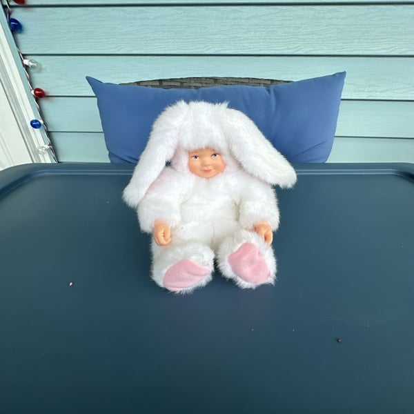 Vintage Anne Geddes Baby Face Plush Doll in White Bunny Suit