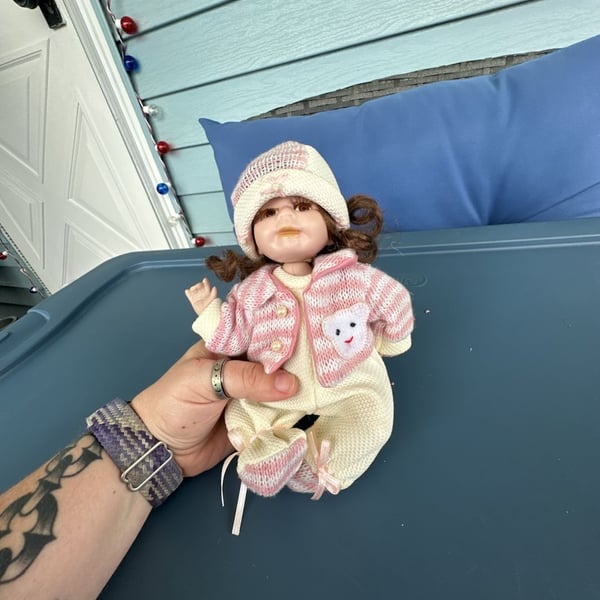 Cathay Collection Porcelain Baby Doll with Knitted Outfit and Hat