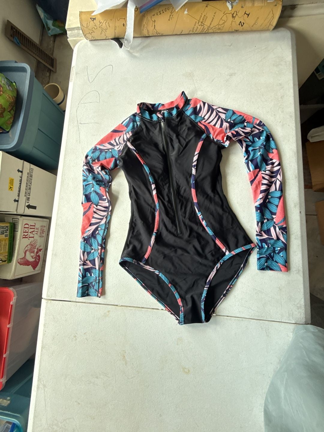 Tropical Print Long Sleeve Zipper Front One-Piece Rash Guard Swimsuit 2