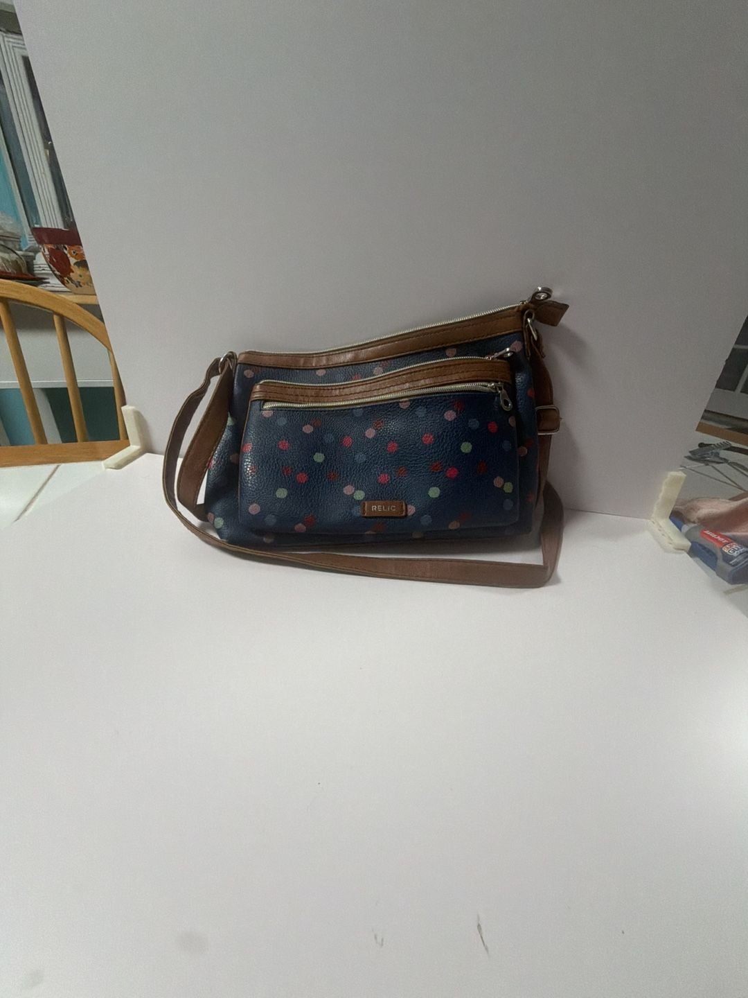 Relic Navy Blue Multi-Color Polka Dot Crossbody Bag with Brown Trim 1