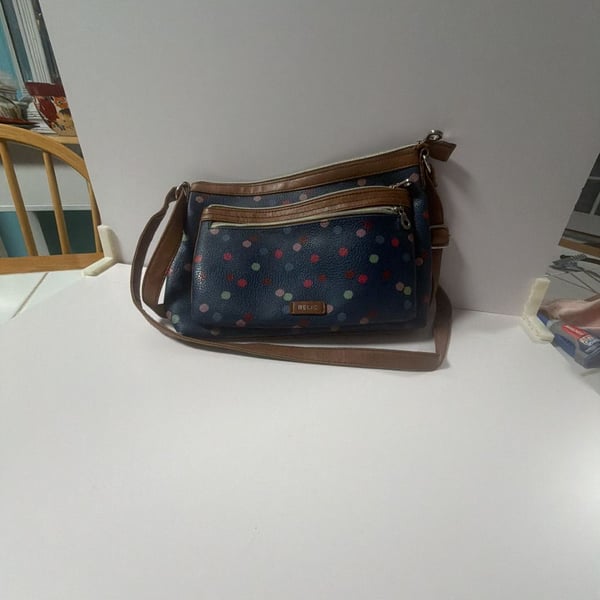 Relic Navy Blue Multi-Color Polka Dot Crossbody Bag with Brown Trim