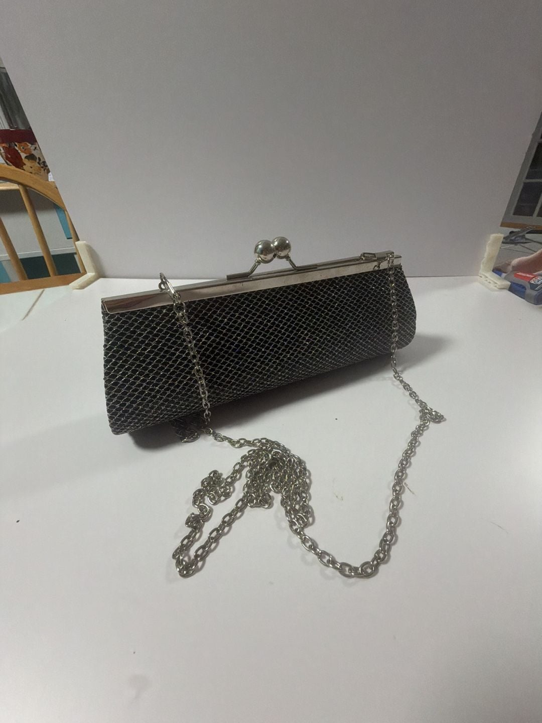 Black Metal Mesh Evening Clutch with Silver Tone Chain and Kiss Lock Clasp 1