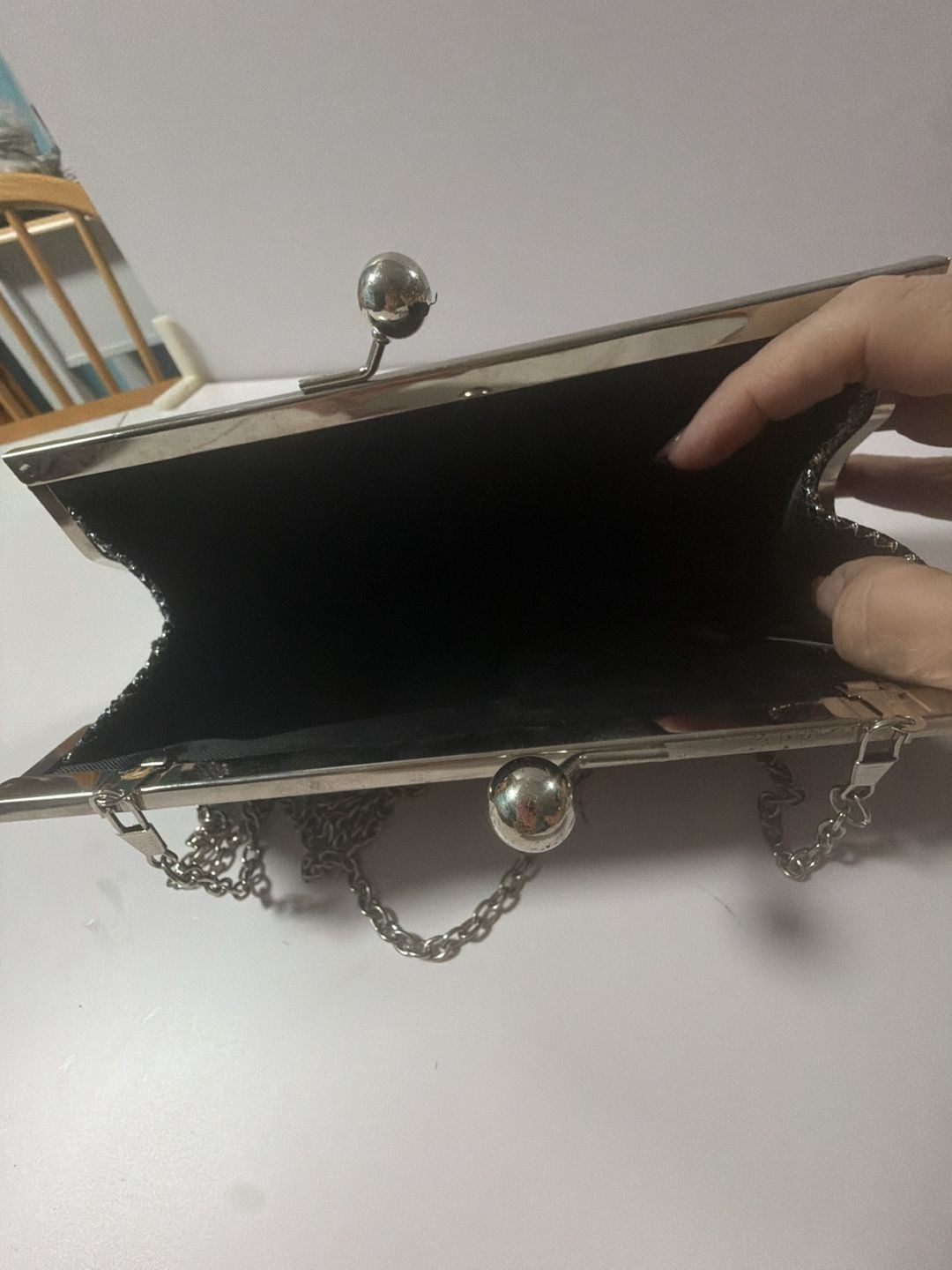 Black Metal Mesh Evening Clutch with Silver Tone Chain and Kiss Lock Clasp 2