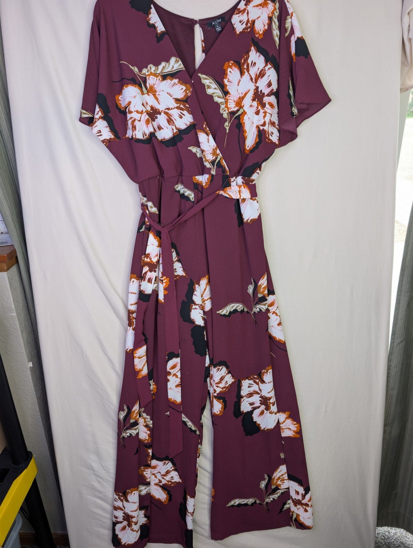 AUW Women's Burgundy Floral Print Faux Wrap Short Sleeve Jumpsuit 1