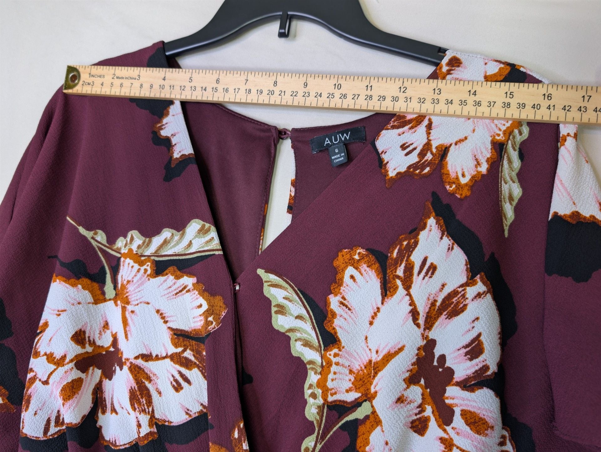 AUW Women's Burgundy Floral Print Faux Wrap Short Sleeve Jumpsuit 5